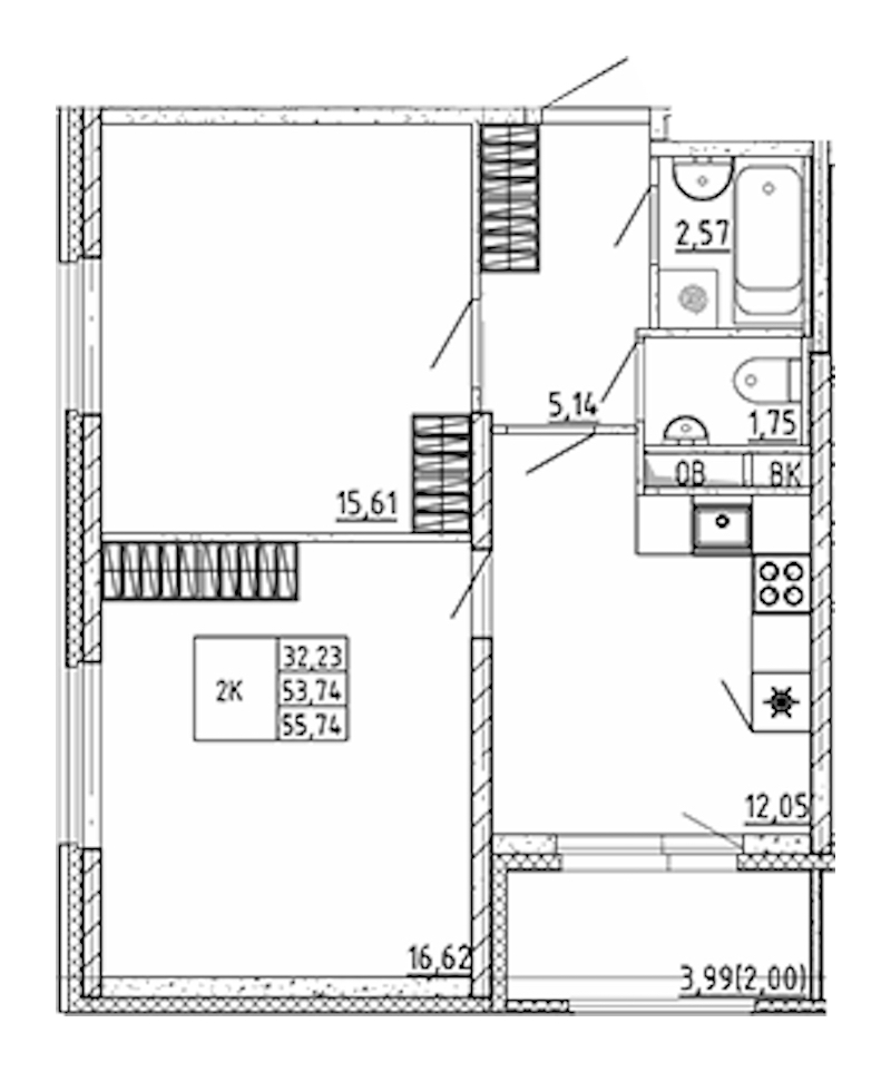 2-комнатная квартира 55.74 м², 2/12 эт., ЖК «UP! Квартал Воронцовский»